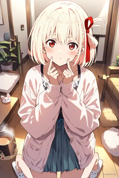 Chisato Nishikigi sitting sideways on a window seat wearing a chunky oversized cardigan over lace camisole, soft striped pajama pants, and bunny slippers holding a steaming mug