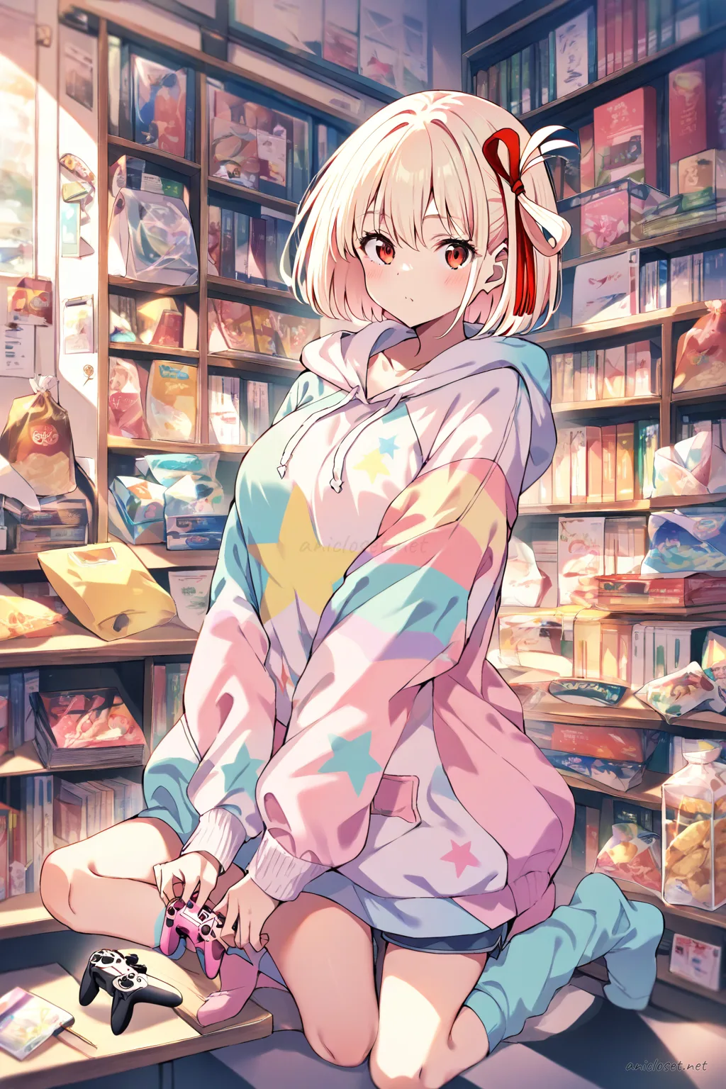 Illustration of Chisato Nishikigi wearing a pastel star print hoodie and light pink short shorts, sitting on bedroom carpet with game controller and snack bag