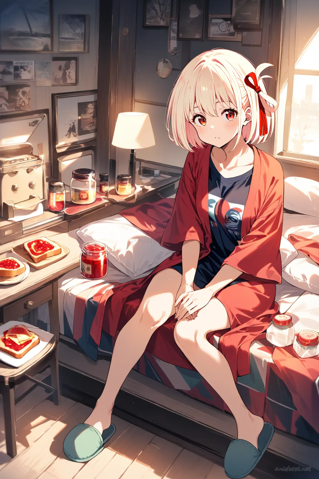 Illustration of Chisato Nishikigi wearing a satin robe over a graphic tee dress, hair clip, and house slippers, leaning in kitchen doorway holding toast and jam jar