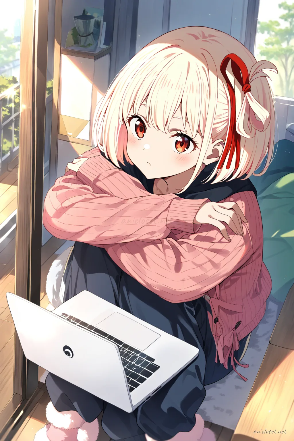 Illustration of Chisato Nishikigi lying stomach-down on bed wearing pastel ribbed lounge crop top and drawstring pants with fuzzy socks, using a laptop under fairy lights