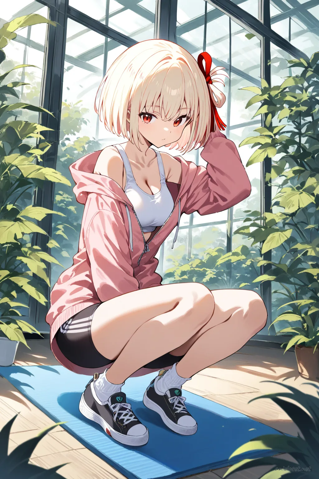 Full body illustration of Chisato Nishikigi stretching on a yoga mat wearing a half-open zip hoodie, white sport bra top, black bike shorts, ankle socks, and slip-on sneakers in a tidy living room