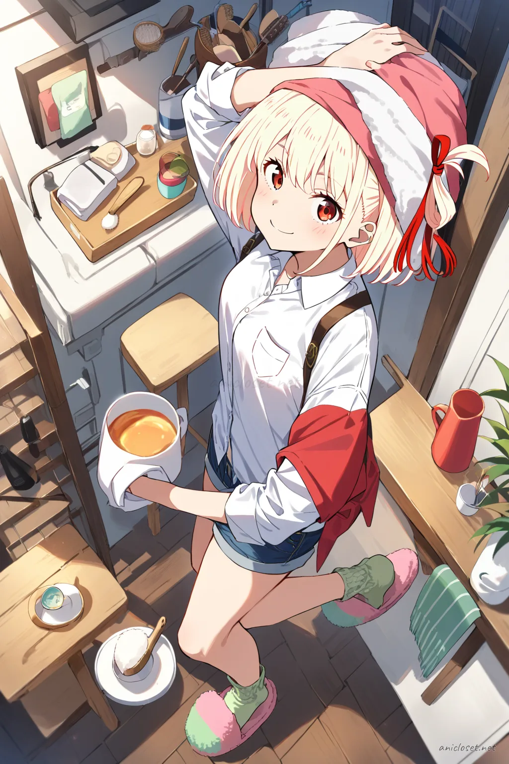 Full body illustration of Chisato Nishikigi brushing hair at vanity mirror wearing oversized white button-up shirt, denim shorts, knit socks, fuzzy slippers, and optional towel turban
