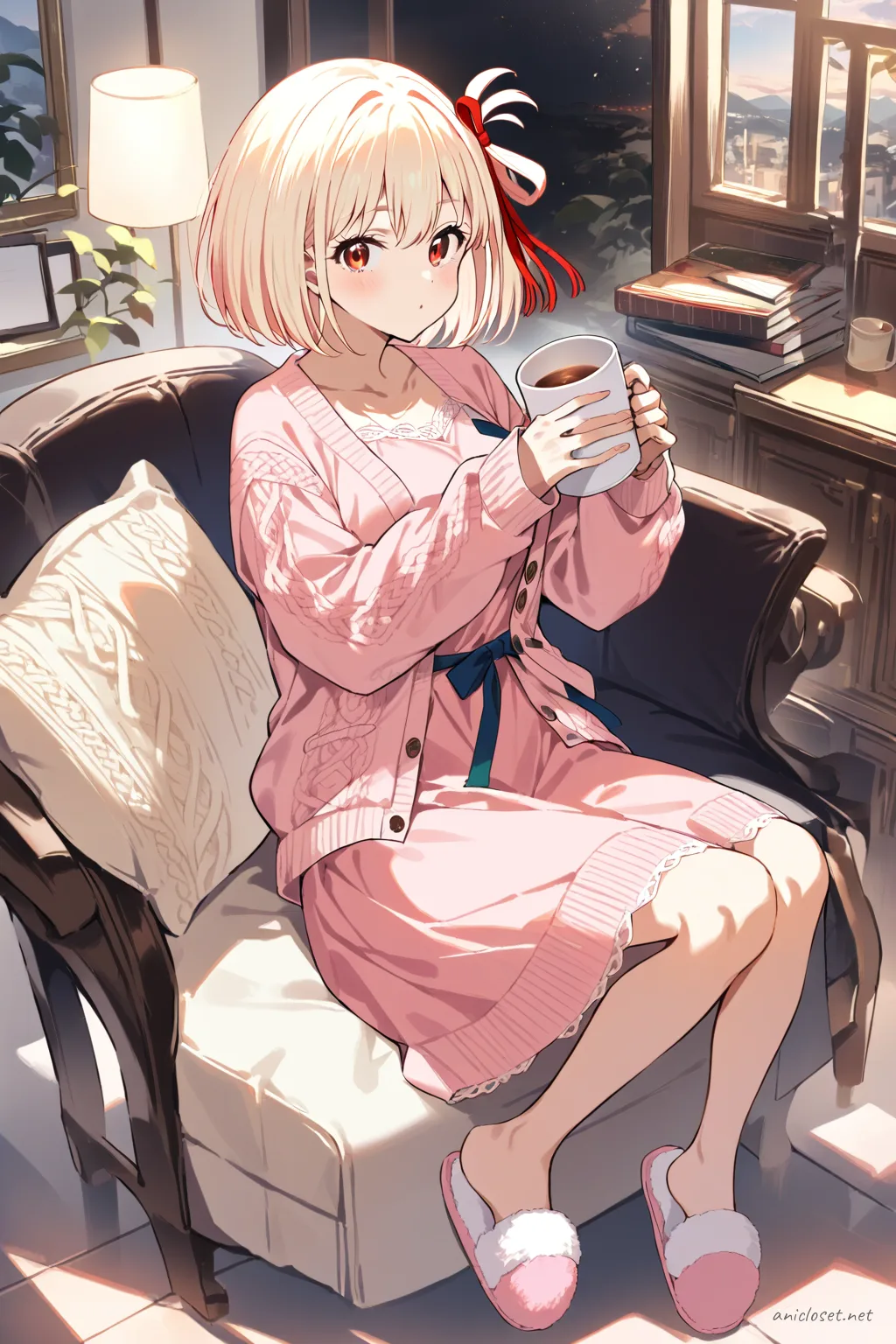 Chisato Nishikigi twirling in soft pink lounge dress with ribbon waist and lace hem, wearing fluffy slippers in a bedroom with hanging clothes and string lights
