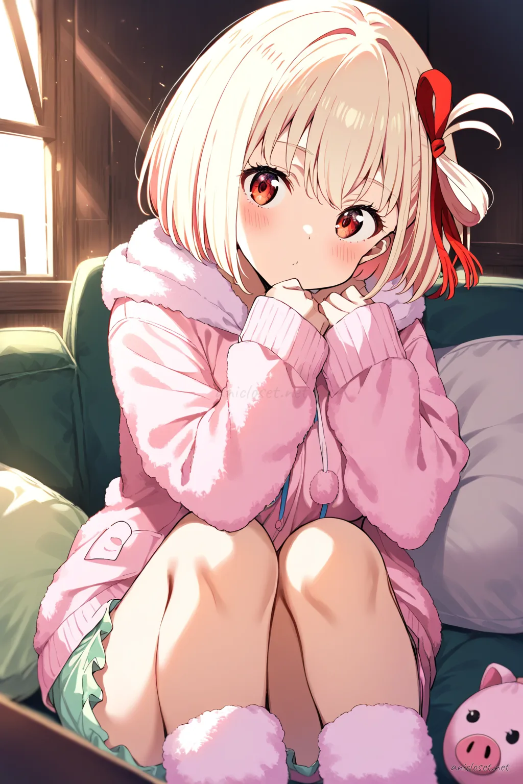 Chisato Nishikigi wearing pastel pink animal pajama hoodie with plush pig ears, matching shorts, fuzzy socks, holding pillow fort blanket in living room