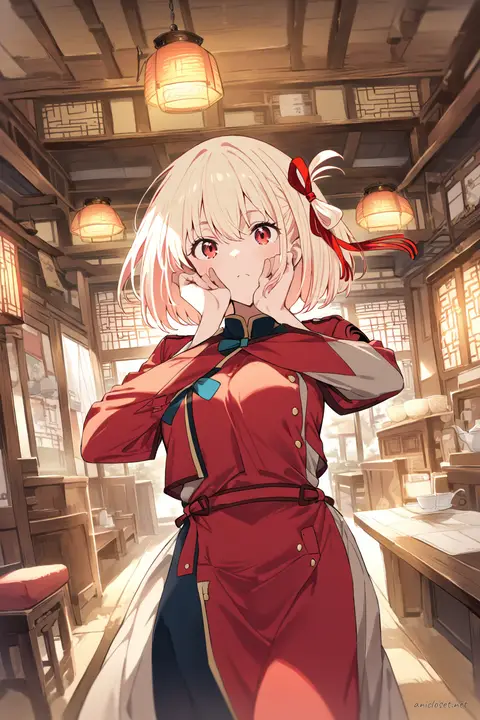Illustration of Chisato Nishikigi in a classic red qipao with gold trim and frog buttons, shown from the front in a cowboy shot