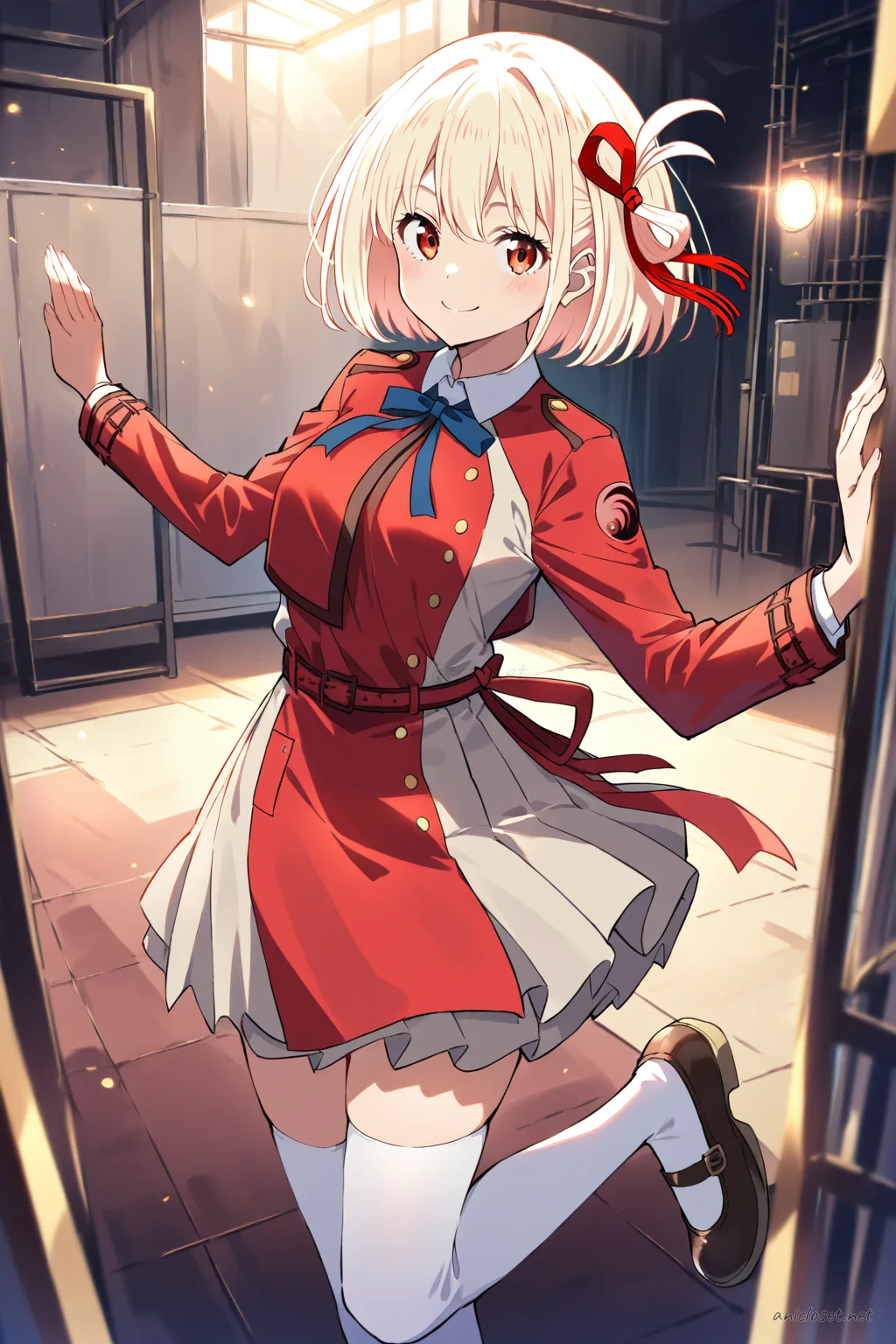 Illustration of Chisato Nishikigi wearing a frilly idol mini dress with layered skirt, stage bow, white thighhigh socks with ribbon tops, and mary janes in a cowboy shot