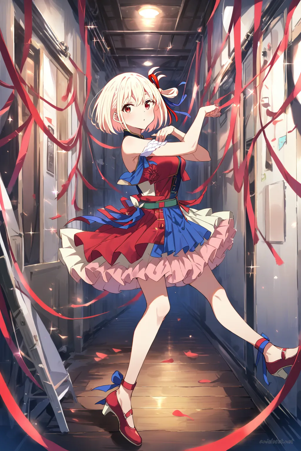 Full body three-quarter view of Chisato Nishikigi wearing an idol mini dress with sparkle bodice, short layered skirt, stage ribbon, and ankle strap heels