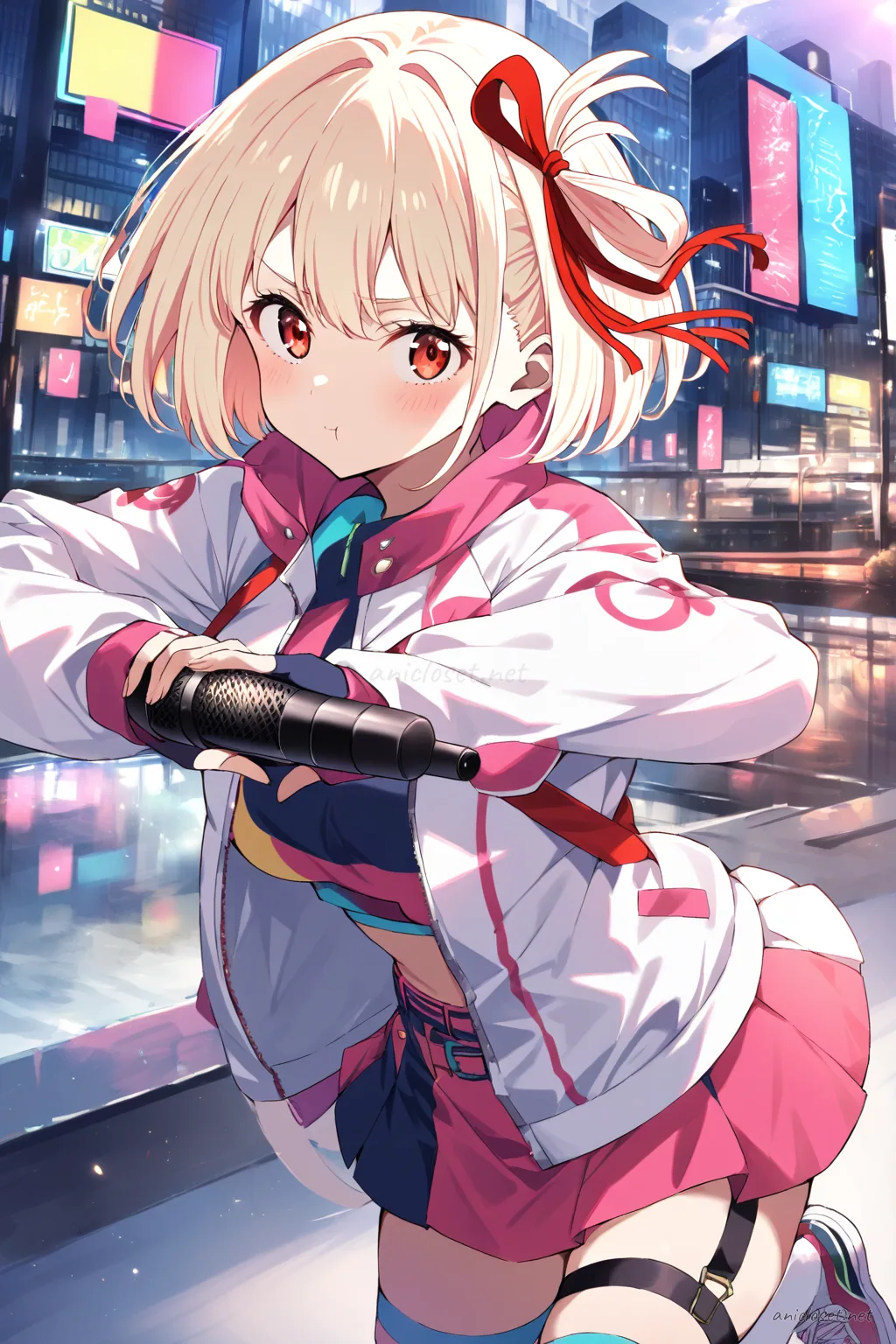 Illustration of Chisato Nishikigi in a sporty idol costume with crop top, pleated mini skirt, fingerless gloves, thigh-high socks, sneakers, and holding a microphone in a cowboy shot