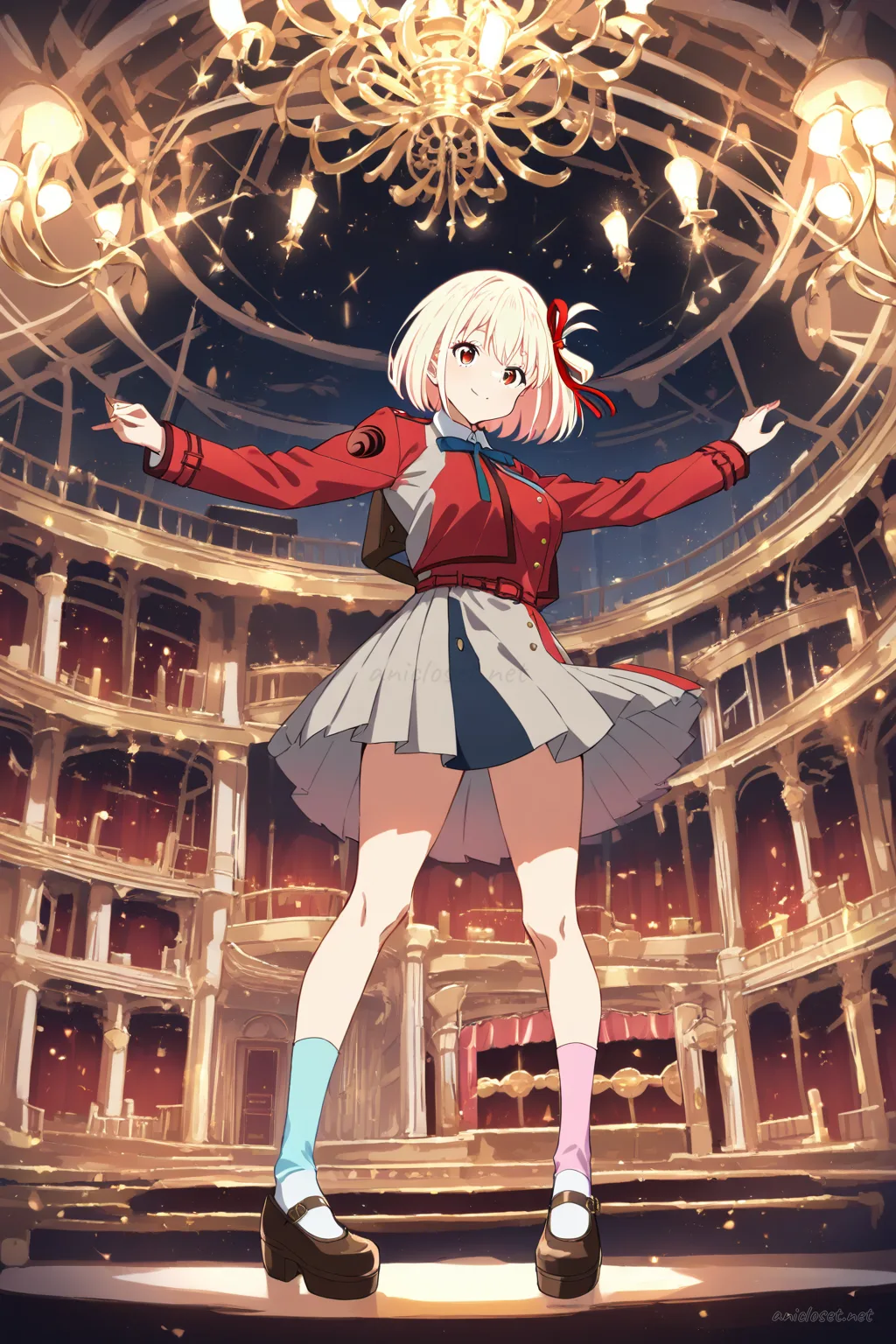 Illustration of Chisato Nishikigi in pastel twin-ribbon costume with pleated stage skirt and pastel over-the-knee socks