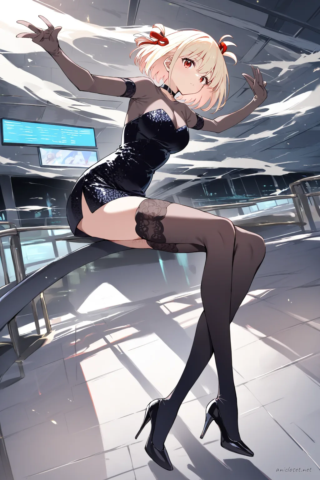Illustration of Chisato Nishikigi wearing a black sequin mini dress with sheer long gloves, thigh high stockings, stiletto heels, and a choker