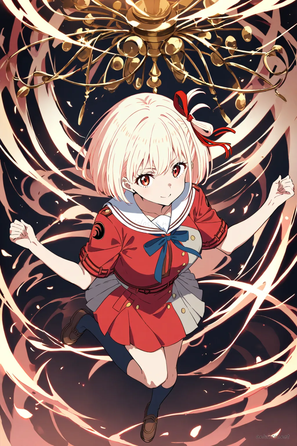 Full body illustration of Chisato Nishikigi wearing a school-idol inspired stage costume with pleated mini skirt, sailor collar blouse, necktie ribbon, knee-high socks, and mary janes, viewed from above showing shoes