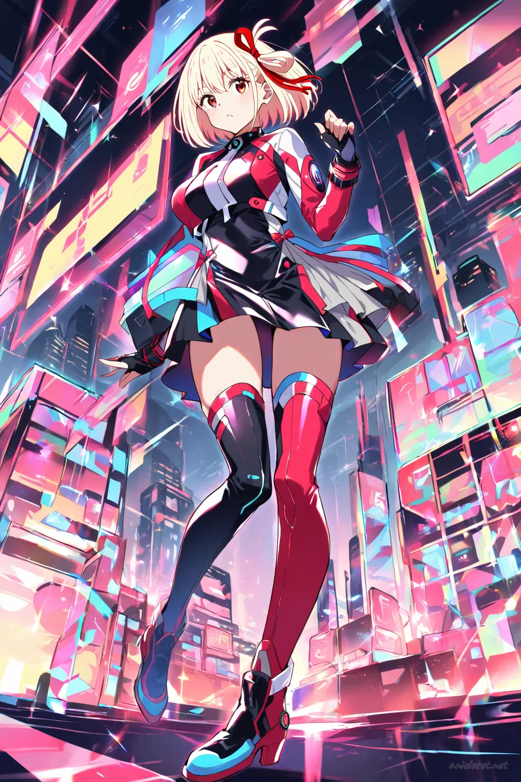 Full body illustration of Chisato Nishikigi in futuristic idol costume with glossy panels, metallic skirt, thigh-high boots, and ribbon accents, viewed from below showing shoes