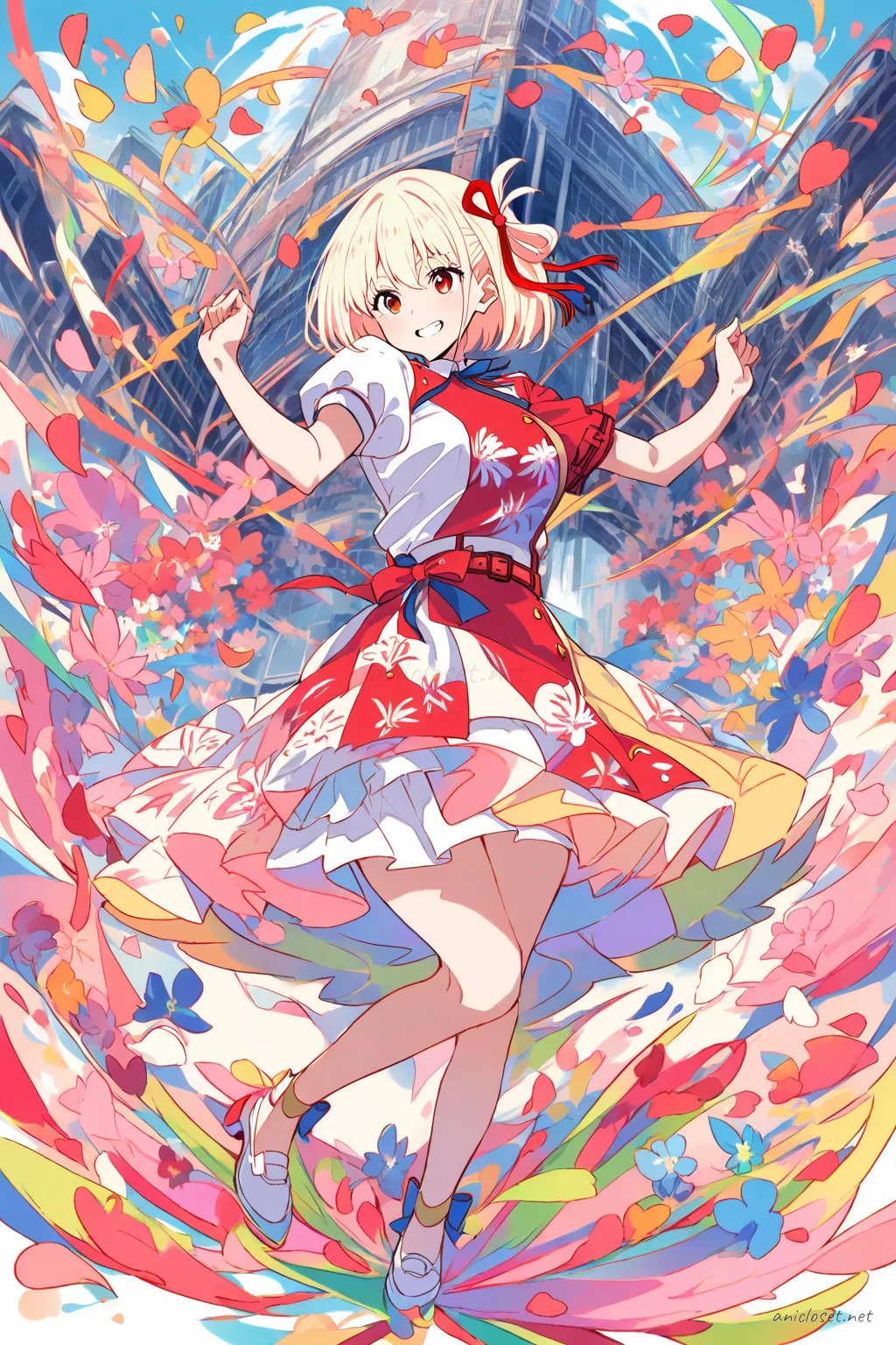 Full body front view of Chisato Nishikigi wearing a flower motif idol dress with petal layered skirt, puff sleeves, bow belt, and ankle strap heels