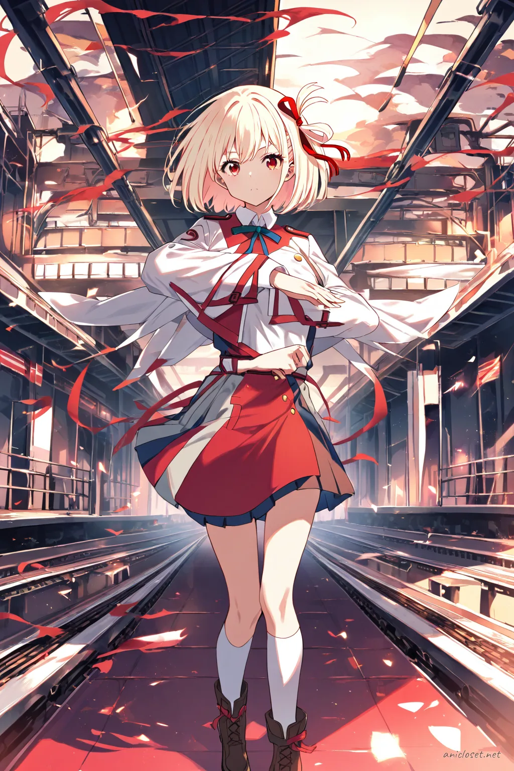Illustration of Chisato Nishikigi in a winter idol costume with white capelet, long sleeve blouse, pleated skirt, knee high socks, and heeled ankle boots, shown in a cowboy shot from front