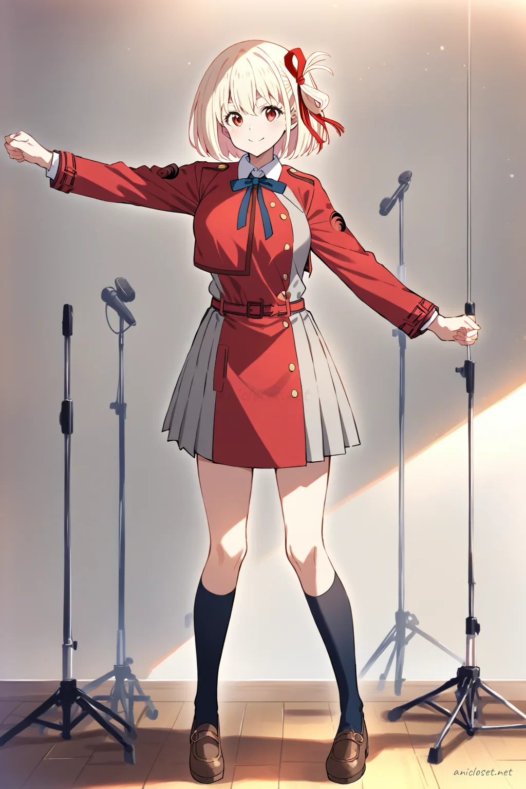 Full body illustration of Chisato Nishikigi in group-dance idol unit outfit with pleated mini skirt, cropped blazer, necktie ribbon, thighhigh socks, and mary janes