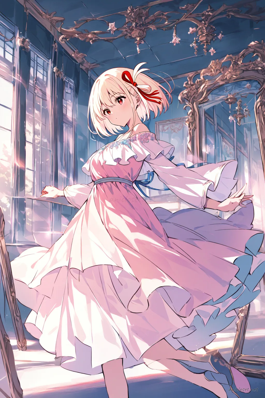 Illustration of Chisato Nishikigi wearing an encore ballad midi dress with soft chiffon, pastel colors, off-shoulder sleeves, layered skirt, and hair ribbons