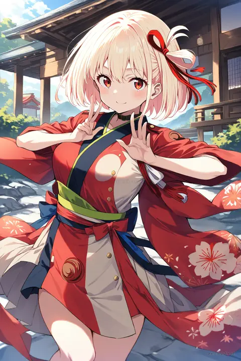 Illustration of Chisato Nishikigi wearing a bright furisode kimono with big floral patterns, oversized obi bow, and flower kanzashi