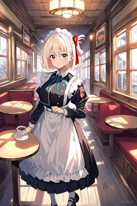 Illustration of Chisato Nishikigi in a classic black-and-white Victorian maid dress with frilled apron and white lace headdress, shown from front in cowboy shot