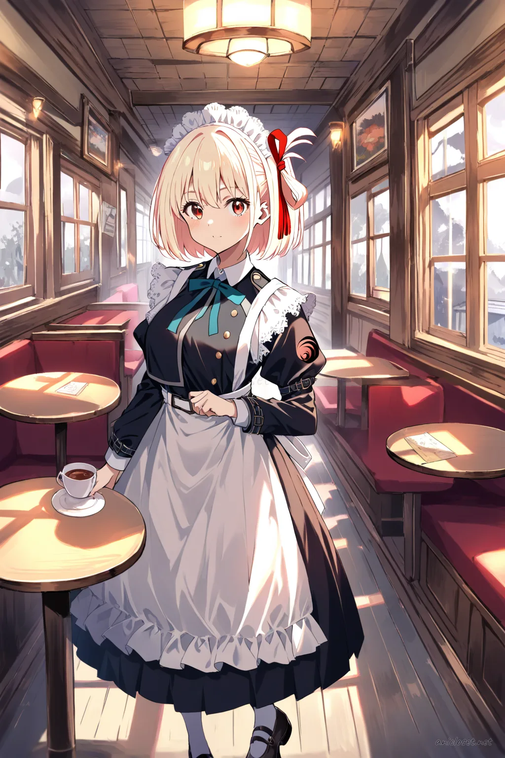 Illustration of Chisato Nishikigi in a classic black-and-white Victorian maid dress with frilled apron and white lace headdress, shown from front in cowboy shot