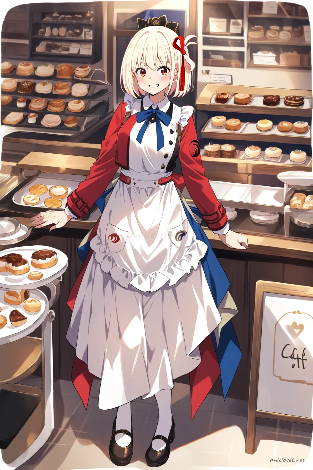 Illustration of Chisato Nishikigi wearing a cafe maid dress with knee-length skirt, puff sleeves, ribbon apron, and mary janes