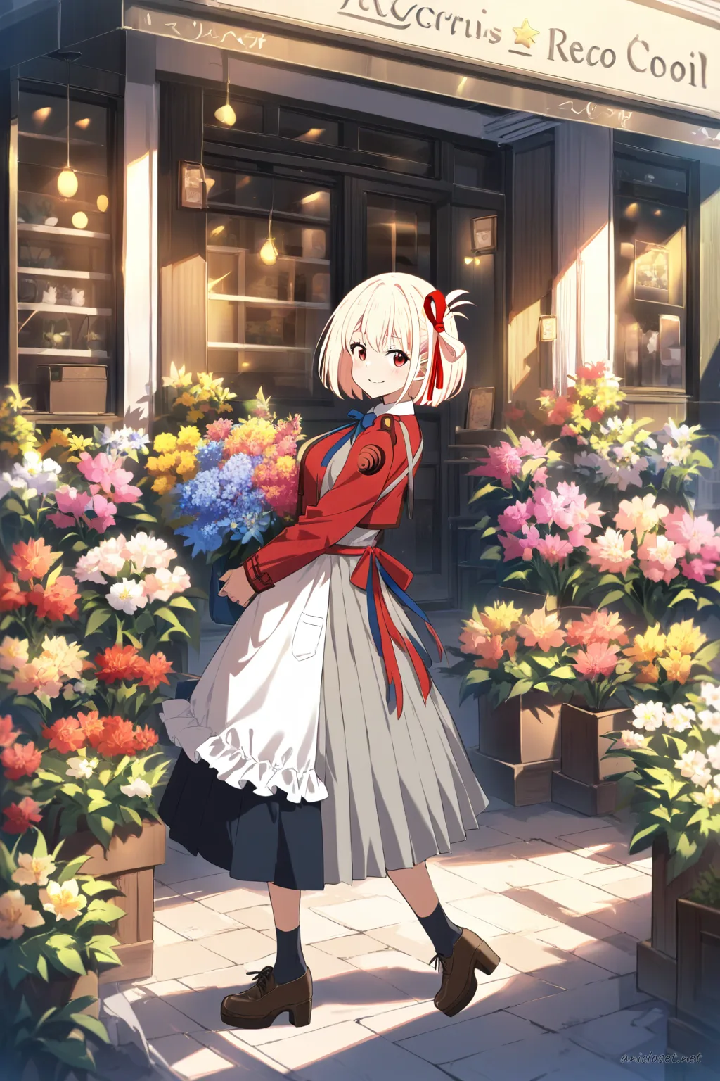 Illustration of Chisato Nishikigi wearing a gothic maid dress with black lace trim, layered knee-length skirt, cross-tie ribbon, puffed sleeves, white apron, and black platform shoes