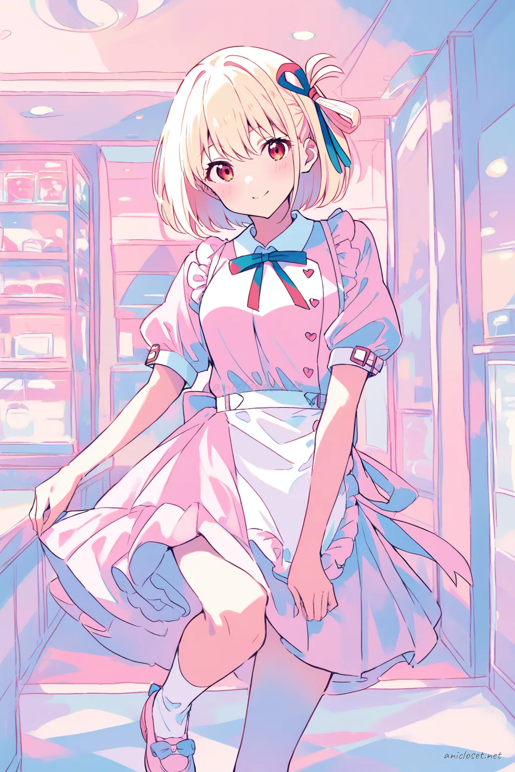 Illustration of Chisato Nishikigi in pastel pink maid dress with scalloped apron and heart buttons, cowboy shot from front