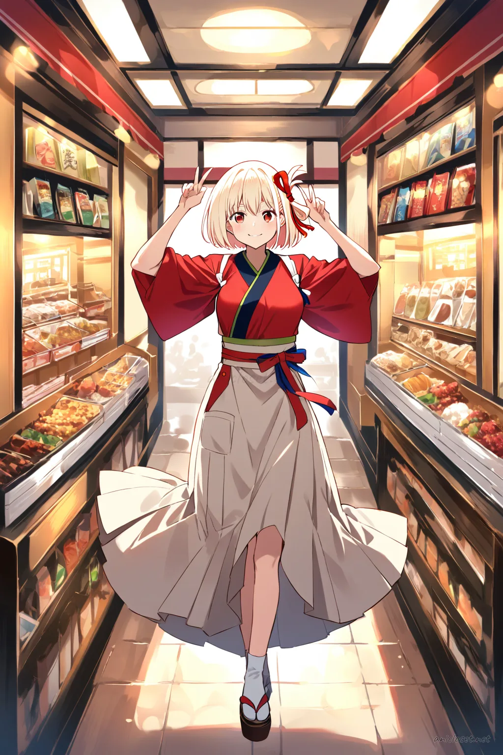 Illustration of Chisato Nishikigi wearing a maid outfit with kimono sleeves, hakama-inspired skirt, white apron, and ribbon obi