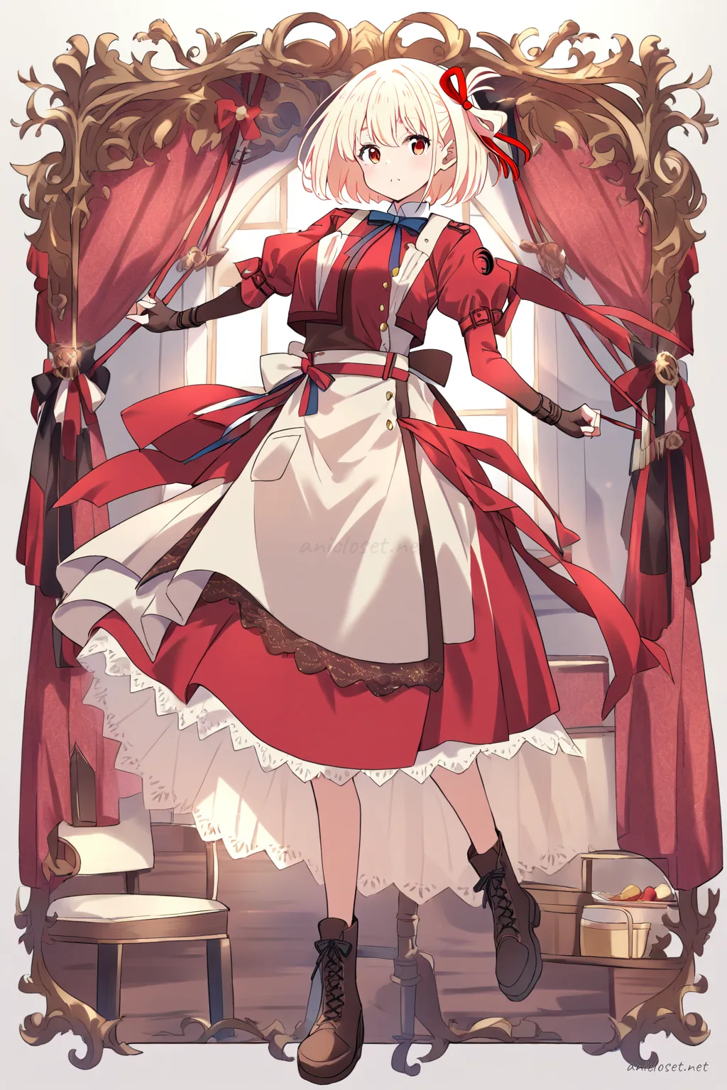 Full body illustration of Chisato Nishikigi wearing a steampunk maid uniform with a brown corset vest, layered skirt, utility apron, and lace-up boots