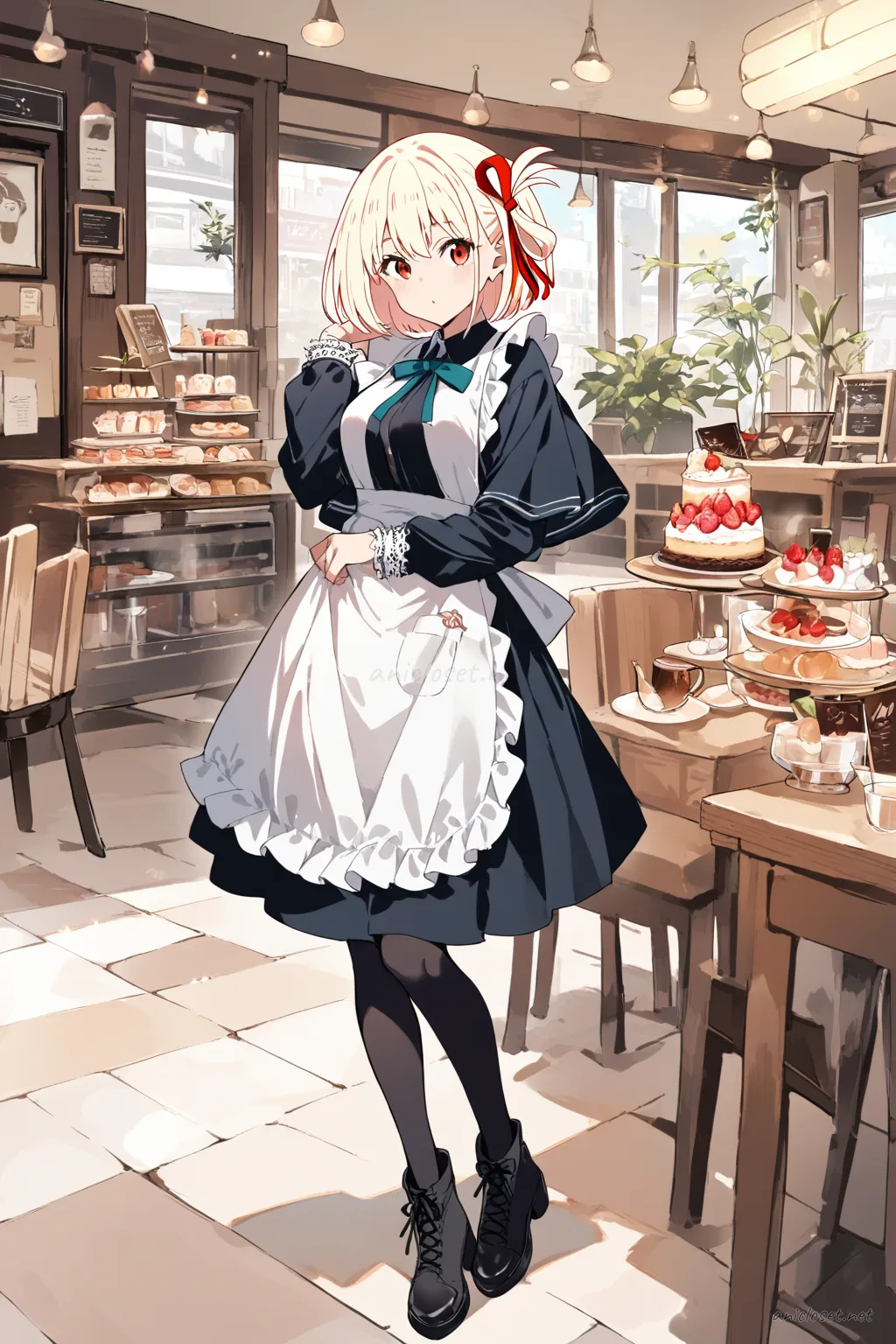 Full body illustration of Chisato Nishikigi in a winter velvet long sleeve maid dress with warm apron, capelet, opaque black tights, and black ankle boots