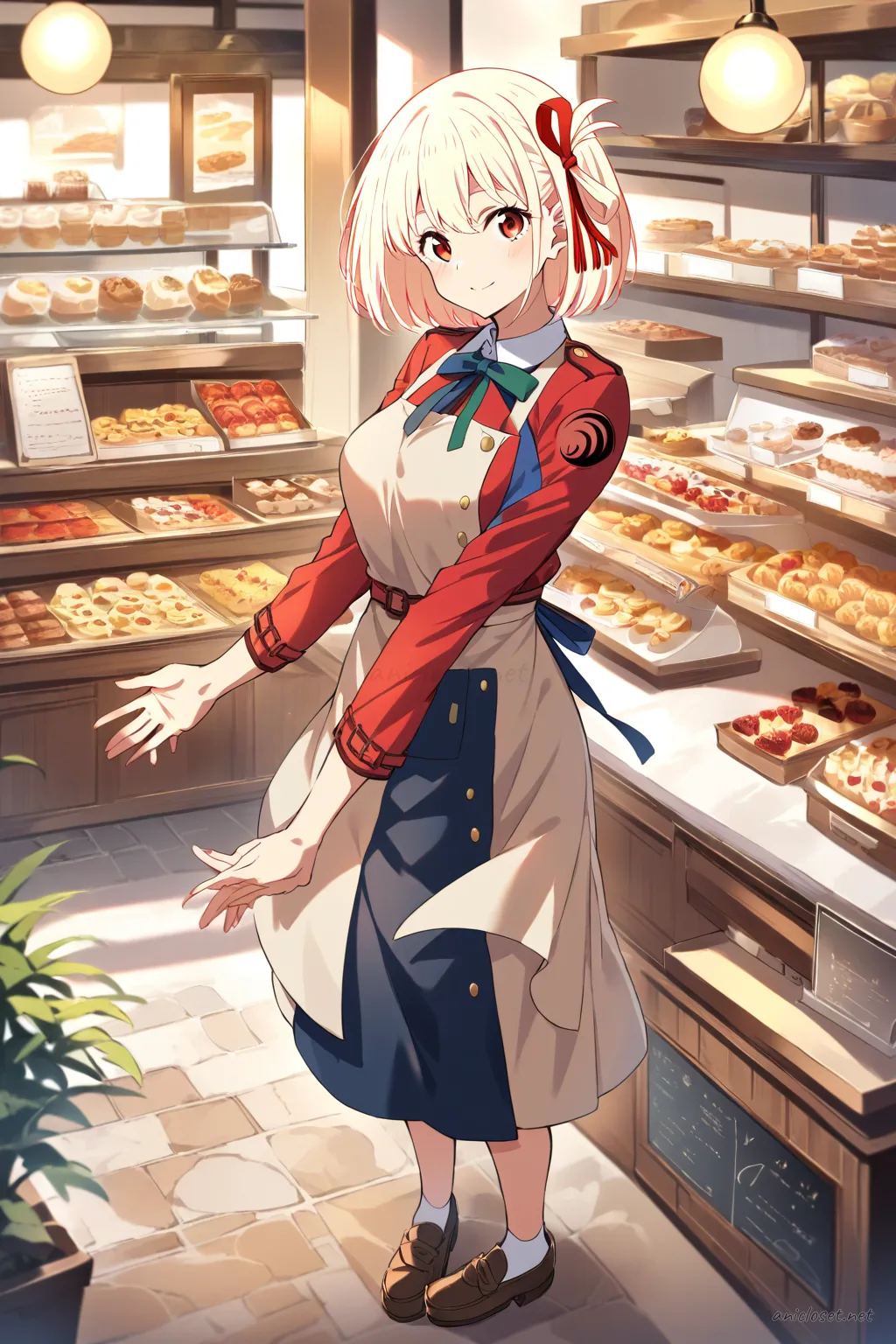 Full body illustration of Chisato Nishikigi in a bakery maid uniform with striped blouse, full apron, midi skirt, kerchief, and loafers, standing