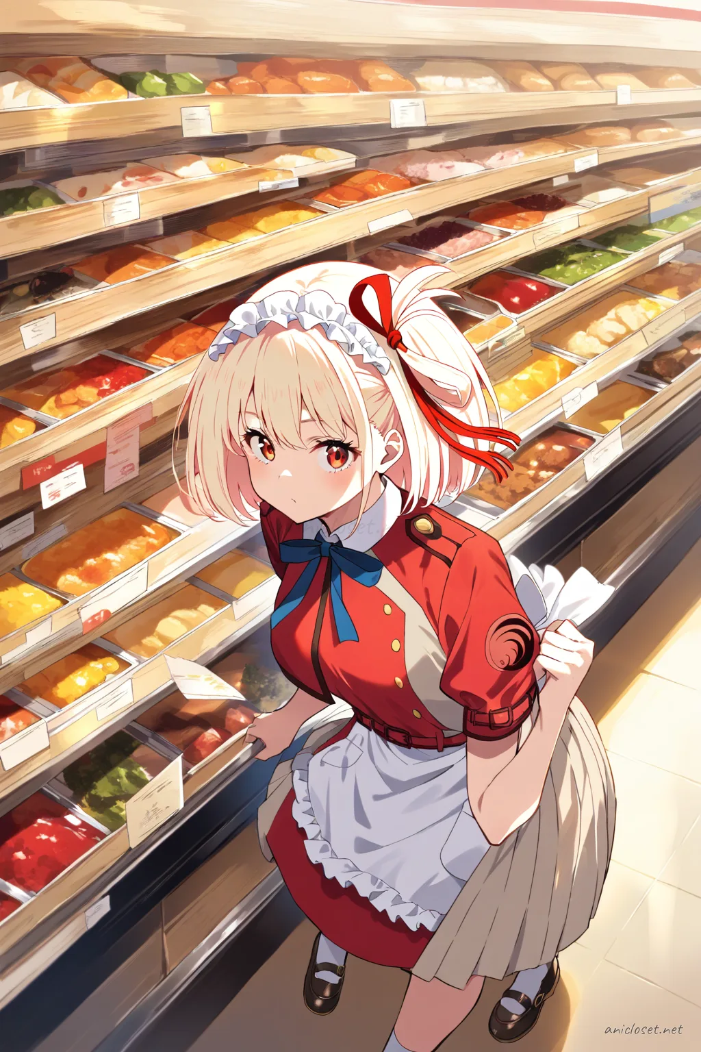 Illustration of Chisato Nishikigi wearing a cat-motif maid dress with paw-print apron pockets and bell ribbon choker, black mary janes, and white frilled headband