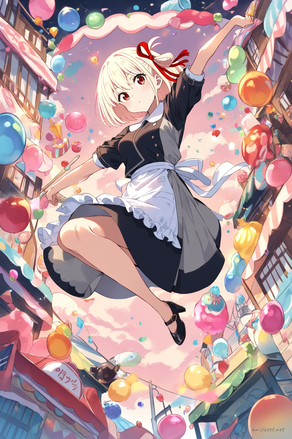 Full body illustration of Chisato Nishikigi in a tailored black midi maid dress with white apron panel and black low heels, viewed from below focusing on shoes