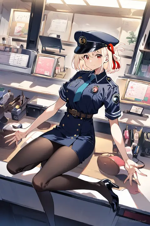 Illustration of Chisato Nishikigi wearing a fitted navy policewoman uniform with pencil skirt, necktie, peaked cap, badge, black pantyhose, and low heels