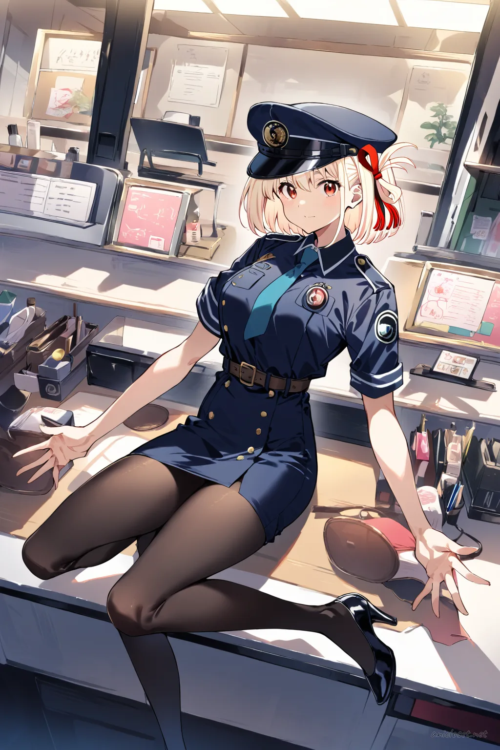 Illustration of Chisato Nishikigi wearing a fitted navy policewoman uniform with pencil skirt, necktie, peaked cap, badge, black pantyhose, and low heels