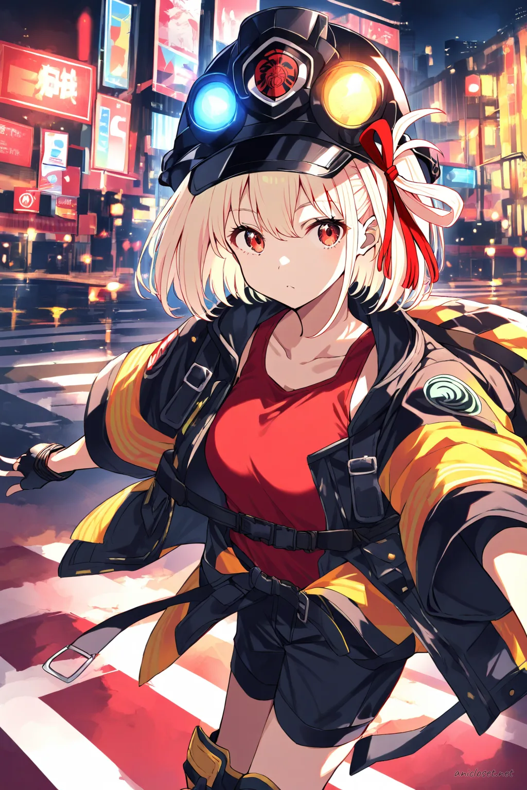 Illustration of Chisato Nishikigi wearing an open firefighter turnout jacket over a fitted red tank top, black cargo shorts, firefighter boots, and holding a helmet under her arm