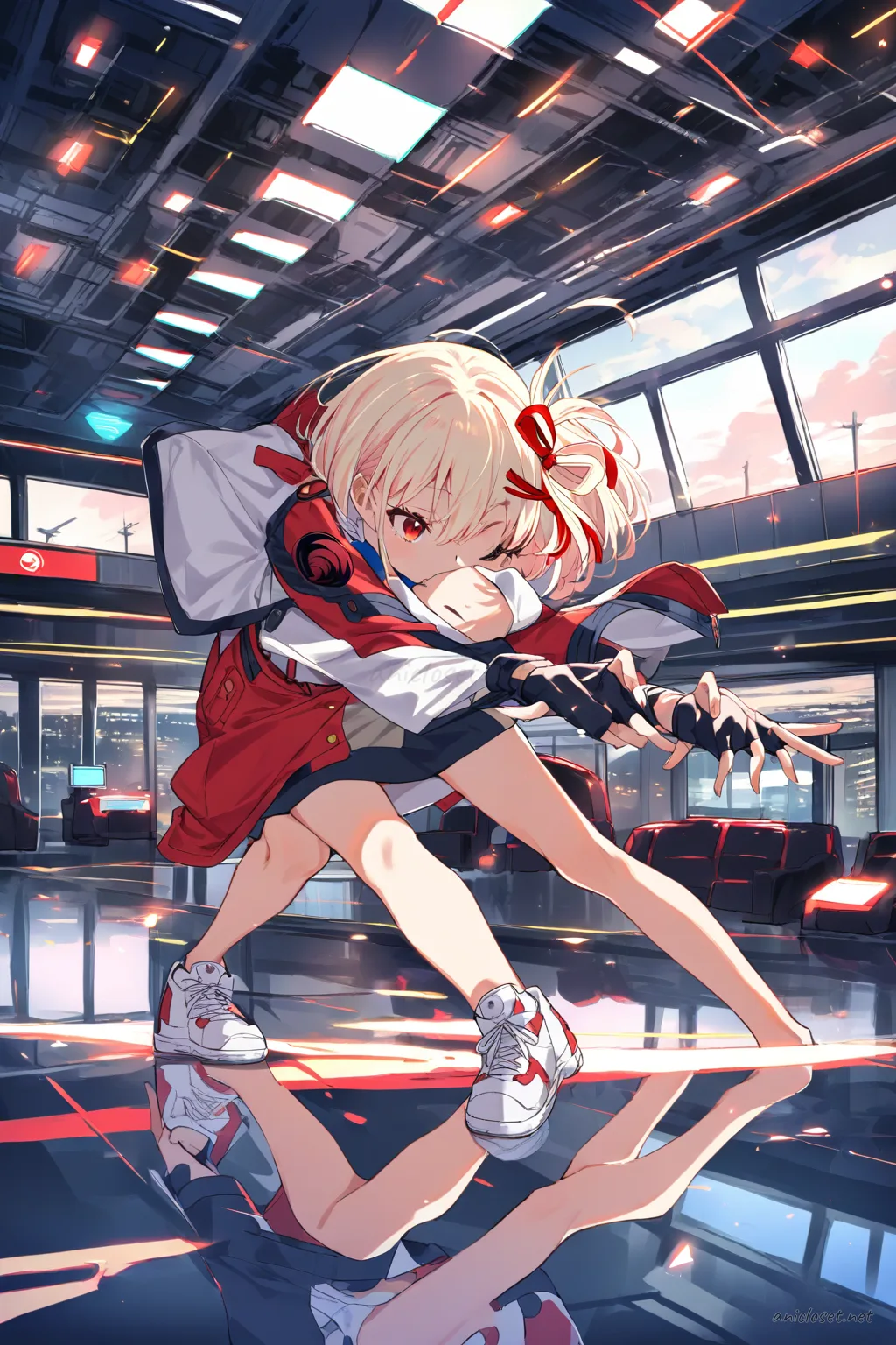 Illustration of Chisato Nishikigi wearing a fitted paramedic jacket with reflective stripes, short cargo skirt, utility belt, white sneakers, and fingerless gloves