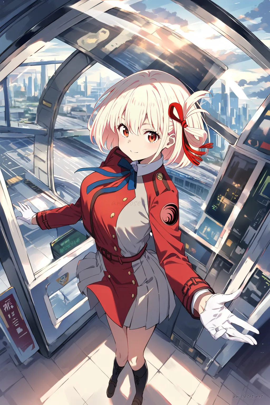 Illustration of Chisato Nishikigi in a fitted military jacket, pleated short skirt, peaked cap, white gloves, medal pins, and polished knee-high boots