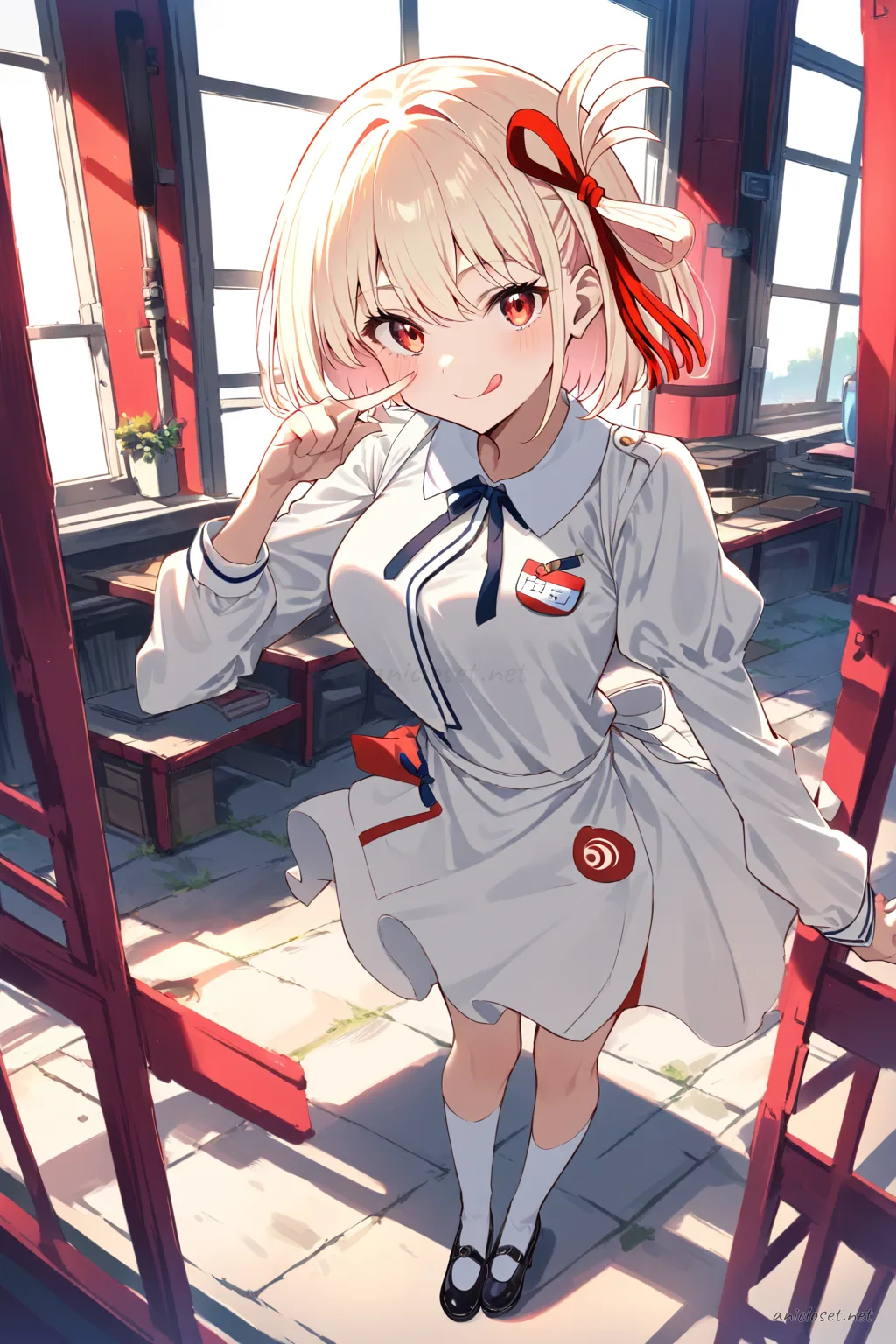 Illustration of Chisato Nishikigi wearing a diner waitress uniform with short apron dress, knee socks, and mary janes