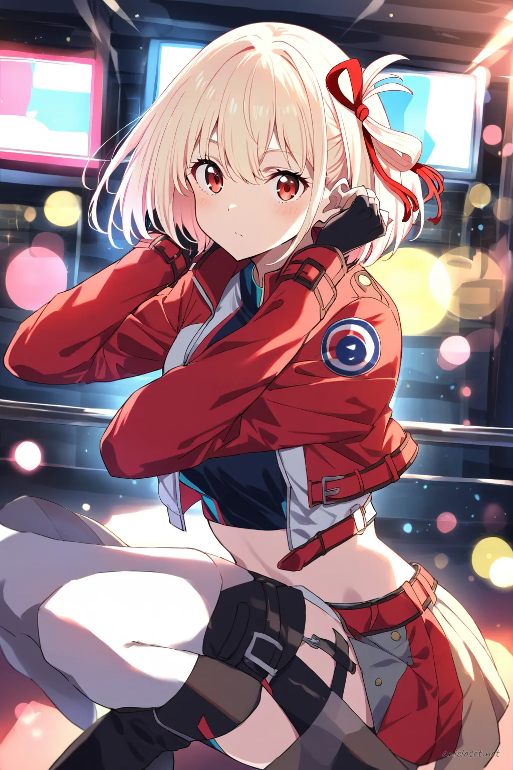 Illustration of Chisato Nishikigi in a tight cropped racing jacket, mini skirt, thigh-high boots, and fingerless gloves with sponsor patch accents