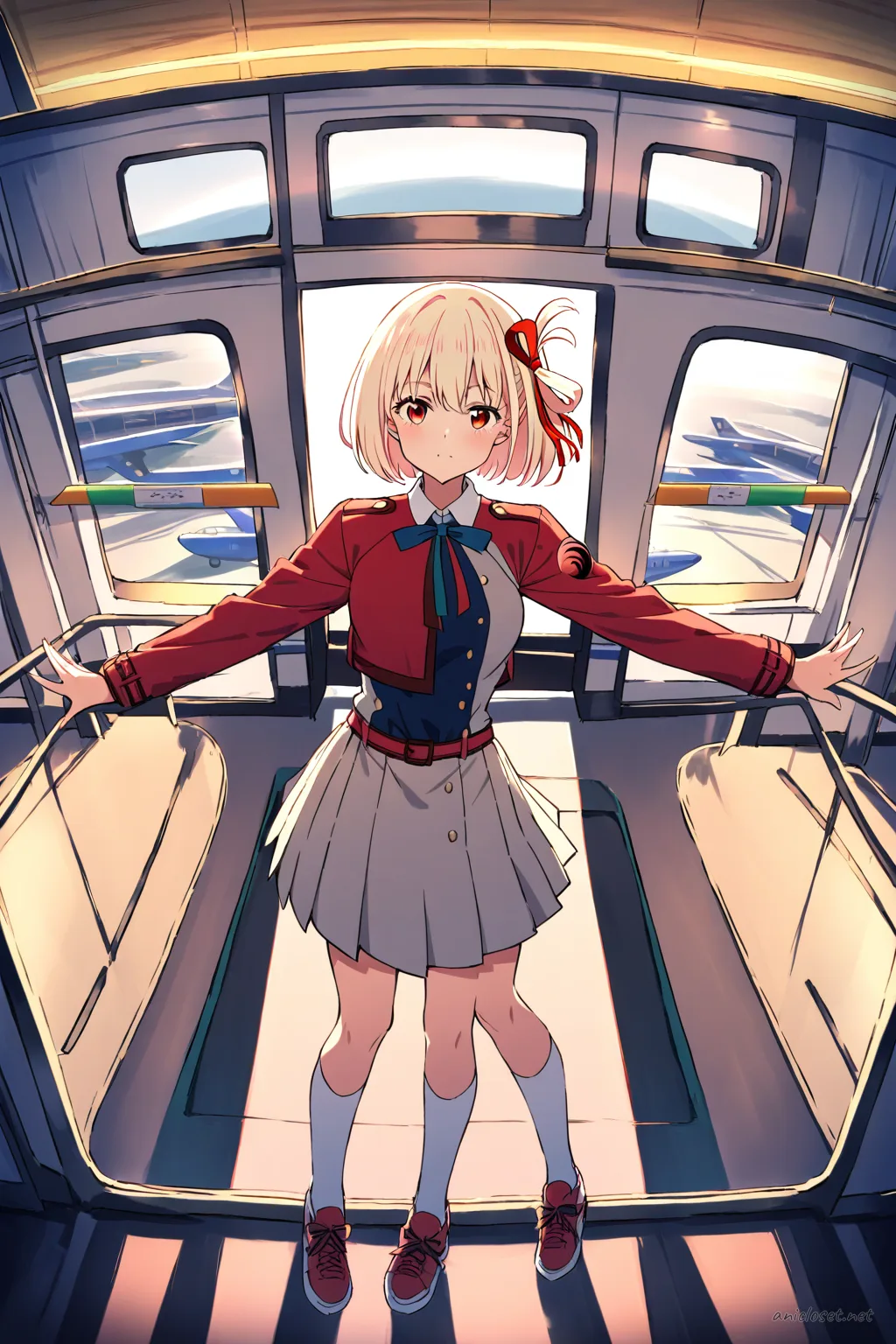 Full body illustration of Chisato Nishikigi wearing a cheer squad uniform with a fitted crop varsity jacket, short pleated skirt, knee socks, sneakers, and a cheer bow, standing and showing shoes