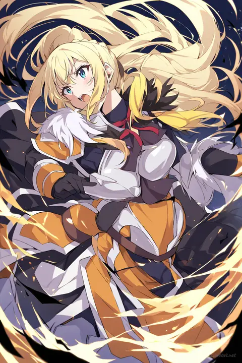 Knee-up half-body illustration of Darkness from Konosuba wearing her classic signature armor with red skirt and black cape in soft studio lighting