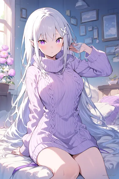 Full-body three-quarter view illustration of Emilia wearing a pastel knit sweater dress with turtleneck and cable knit pattern, paired with fuzzy house slippers in a clean studio setting