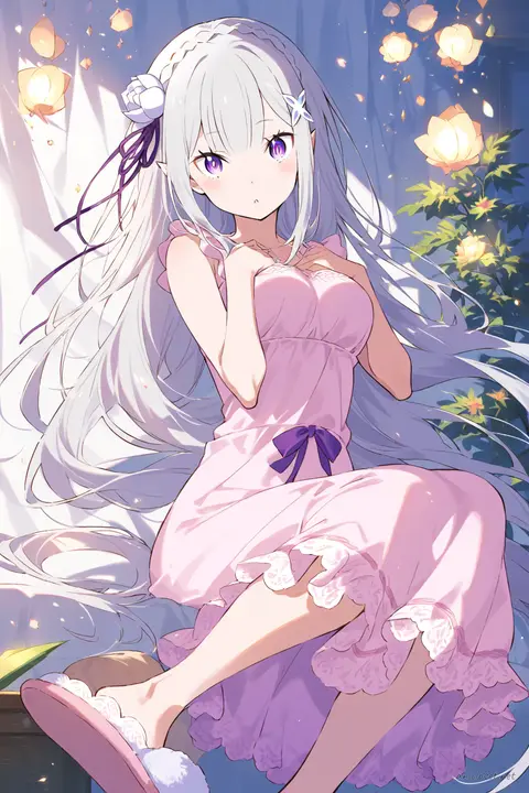 Knee-up half-body illustration of Emilia in a soft pink sleeveless lounge dress with ruffled hem and ribbon waist tie, wearing cozy knit slippers against a clean studio background