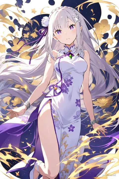 Full-body illustration of Emilia from Re:Zero wearing a navy cheongsam with subtle floral embroidery, white ankle-strap heels, and silver bracelet, standing against a clean studio backdrop