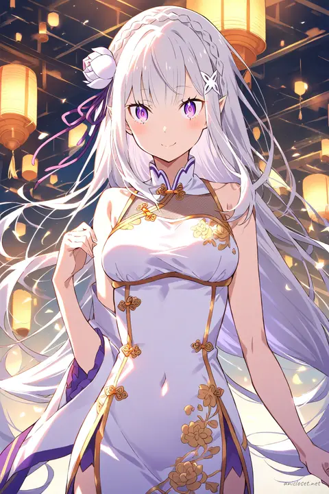 Full-body three-quarter view of Emilia wearing a sleeveless gold-accent evening qipao with floral embroidery, sheer mesh panels, gold bangles, and black silk heels