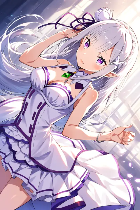 Illustration of Emilia from Re:Zero wearing a floor-length satin evening gown with a fitted bodice and sweetheart neckline, knee-up half-body view under soft studio lighting