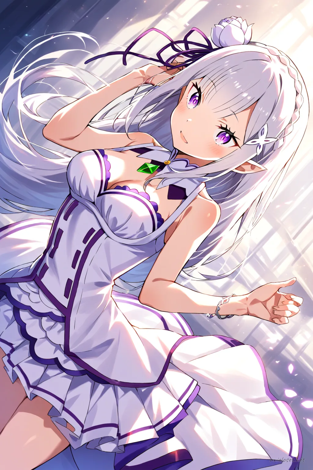 Illustration of Emilia from Re:Zero wearing a floor-length satin evening gown with a fitted bodice and sweetheart neckline, knee-up half-body view under soft studio lighting