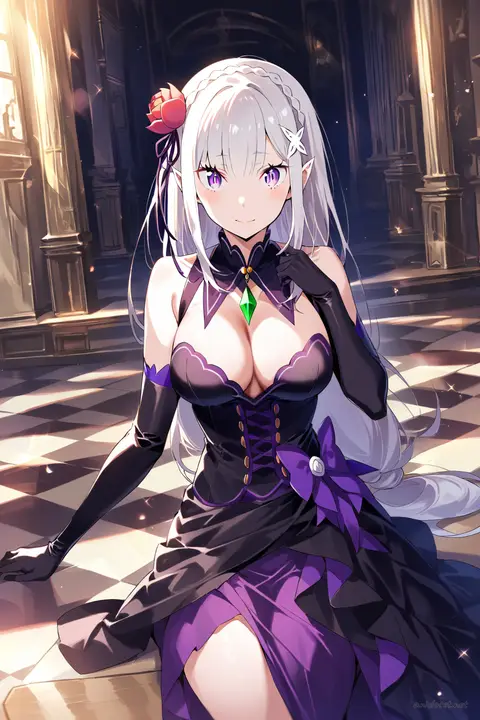 Full-body illustration of Emilia from Re:Zero wearing a black tie floor-length gown with elbow-length black gloves and black stilettos, standing against a clean studio backdrop