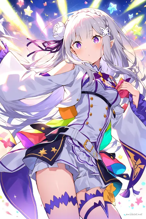 Illustration of Emilia from Re:Zero wearing a colorful idol jacket with decorative buttons and star patterns, paired with high-waisted shorts and thigh straps, shown knee-up with a stage microphone headset in soft studio lighting