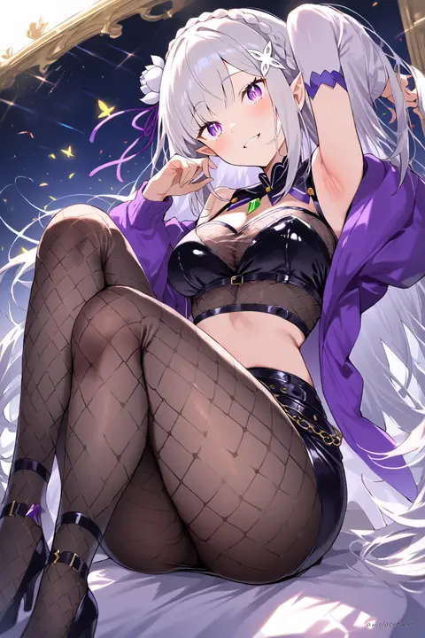 Full-body illustration of Emilia from Re:Zero in a dark glam idol outfit featuring black sequin crop top, purple velvet bolero, leather mini skirt, sheer tights, and black ankle boots against a clean studio backdrop